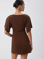 Robe Courte Élégante Marron Joydressing, Col Bateau Sexy, Manches Courtes, Taille Froncée, Moulante, Robes d'Été, Vente en Gros, Personnalisable