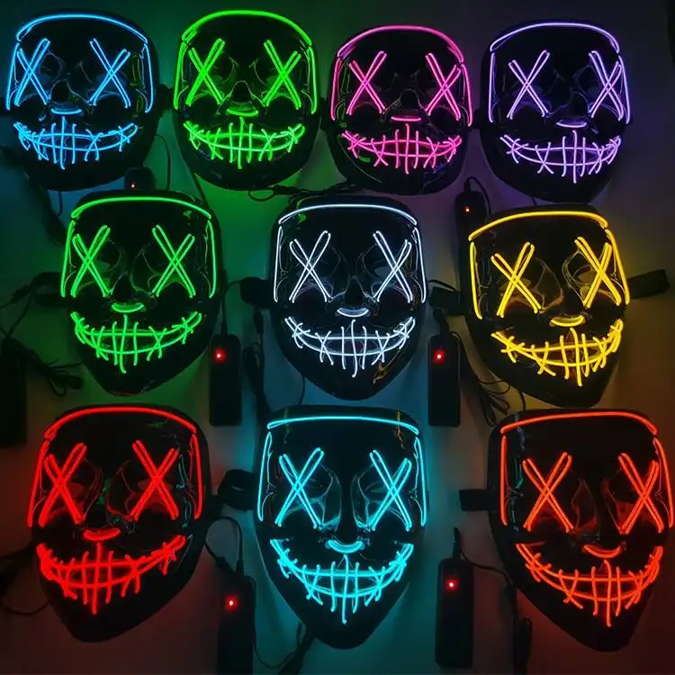 2022 Hot Sale Halloween Mask Led Glowing Mask Full Face Party Masks Black V Word with Blood Horror Facepiece