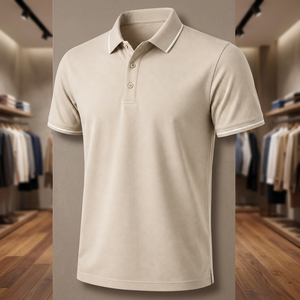 Polo à manches courtes pour homme, couleur beige, tissu Oxford, style décontracté, coupe classique, col boutonné, bordure blanche - Product Image 2
