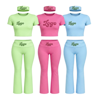 OEM Özel Logolu Kadın 3 Parça Takım Yüksek Bel İspanyol Paça Pantolon ve Crop Top ile Bandana Y2K Spor Yoga Egzersiz Eşofmanı