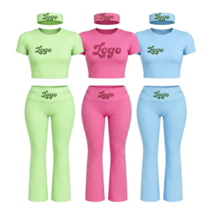 Set 3 Pezzi Personalizzato OEM per Donna: Pantaloni a Vita Alta e Top Corto con Fascia per Capelli, Stile Y2K Athleisure per Yoga e Allenamento - Product Image 1