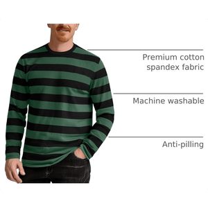 Custom <b>Mens</b> <b>Striped</b> Long Sleeve <b>T</b> <b>Shirt</b> Cotton Stretch Crewneck Regular Fit Casual Tee Green Black Stripes - Product Image 4