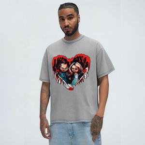 Camiseta de punto de algodón 100% de Hip Hop lavada con ácido Retro Vintage para hombre, diseño corto de patrón impreso Digital de gran tamaño de alta calidad - Product Image 1