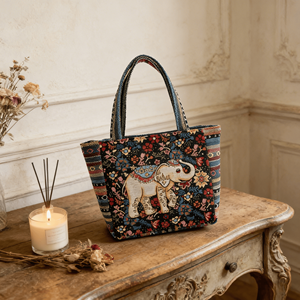 Sac brodé éléphant ethnique - Sac fourre-tout en toile d'art populaire d'Asie du Sud-Est pour les centres de villégiature, les événements culturels et les magasins d'accessoires de mode - Product Image 1