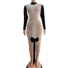 正装黑色羊绒长裙，铅笔剪裁，幻影领口，钻石装饰，高腰线，全袖，适合舞会 - Product Image 4