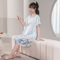 Chemises de nuit légères à col rond pour femme, tendance, coupe ample, en soie glacée, vêtements d'extérieur pour femme, tenue décontractée, jupe de nuit