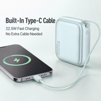 Batterie externe à charge rapide 22,5 W, 10000 mAh, câble USB-C intégré, chargeur portable, 4 indicateurs LED, certifié CE LVD RoHS, ODM