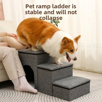 Escalier pour animaux de compagnie moderne et robuste avec boîte de rangement à ouverture par le haut, pliable, 3 marches, en tissu gris, pour canapé ou lit surélevé