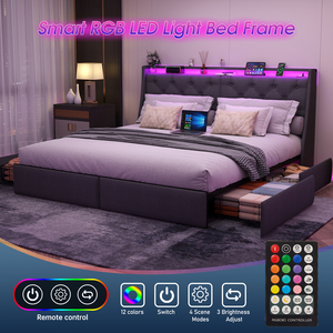 <strong>Queen</strong> <strong>Size</strong> <strong>Bed</strong> <strong>Frame</strong> with Storage Headboard RGB LED Lights &amp; USB Charging Station-Grey - Product Image 3