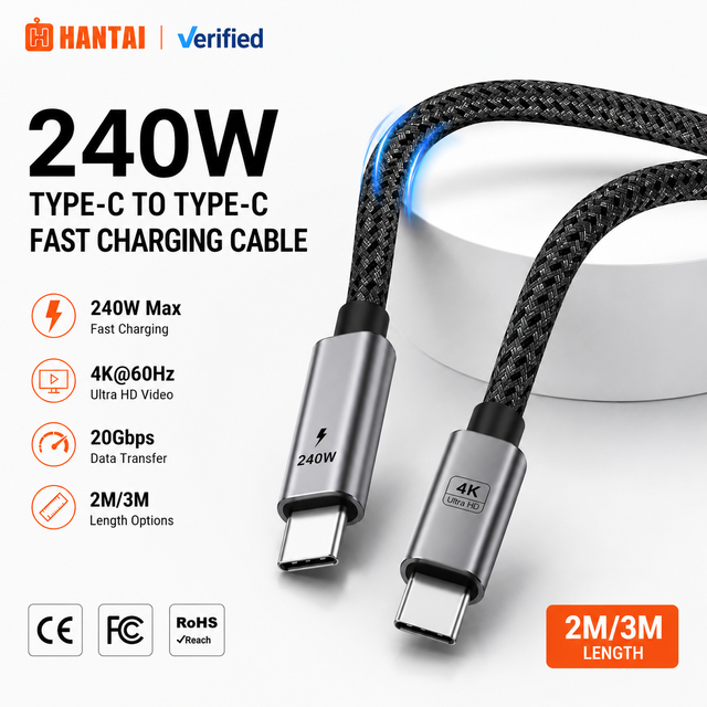 Universal 240W USB-C to USB-C Cable PD 3.1 20Gbps Data Transfer 4K 60Hz Video Output Braided Fast Charging Cord 2m
