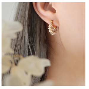 Pendientes colgantes de aro de perla de oro de 18 quilates de acero inoxidable sin deslustre de alta calidad, accesorio de fiesta de moda para mujer - Product Image 3