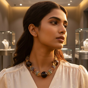 Women's Fashion Gold-Plated Beaded Gemstone <b>Statement</b> <b>Necklace</b> with Diamond Geometric Link Chain Jewelry - Product Image 3