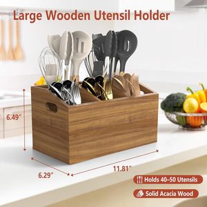 Boîte de rangement pour couverts en bois avec compartiments, organisateur d'ustensiles de cuisine, support de vaisselle de table, couleur unie marron - Product Image 2
