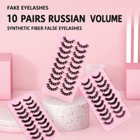 Lot de 10 paires de faux cils russes 3D effet volume, courbure D, effet wispy et volumineux, en faux vison, spectaculaires, en fibres synthétiques, en bande