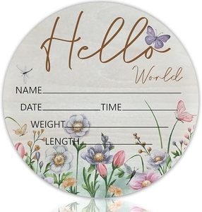 Panneau de naissance rond en bois de 15 cm « Hello World » avec girafe et éléphant jaunes pour chambre de bébé, hôpital et fête prénatale - Product Image 5