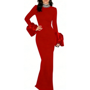 Women's Crystal High Neck Maxi Dress - <b>Flare</b> Sleeve Gown Evening Stretch Dresses Fashion - Product Image 1