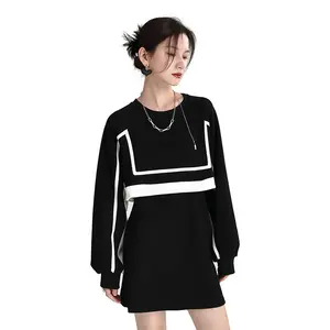 2022 Autumn Black and White Contrast Color Hoodie Dress French Stripe Design Sense Niche Fashion Age-reducing Female Skirt