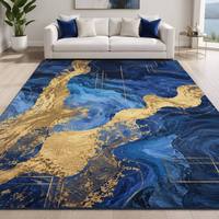 Tapis de luxe moderne abstrait bleu et or, lavable, doux, grand format, pour salon, tapis de sol, décoration intérieure