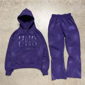 Nuovo Logo personalizzato Dtg Pullover oversize 2 pezzi pantaloni svasati da uomo due pezzi set di pantaloni sportivi svasati da uomo Crop Top e set felpa con cappuccio - Product Image 3