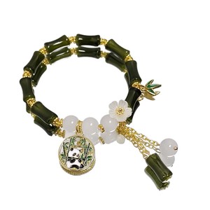 Pulseras <span class=keywords><strong>de</strong></span> Cuentas <span class=keywords><strong>de</strong></span> Bambú Verde <span class=keywords><strong>Chino</strong></span>, Imitación <span class=keywords><strong>de</strong></span> <span class=keywords><strong>Jade</strong></span>, con Dijes <span class=keywords><strong>de</strong></span> Hoja <span class=keywords><strong>de</strong></span> Panda y Flor, Borla Hecha a Mano, Pulsera Elástica para Mujer y Niña - Product Image 5