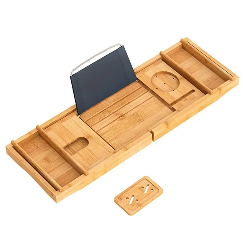 Addreen Bamboo Bathtub Caddy Bandeja para banheiro de luxo Mesa de banho expansível sobre banheira com vinho Livro Soap livre titular