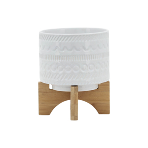 Fioriera in ceramica goffrata con supporto in legno, piccola e rialzata, per decorazioni domestiche, vasi da fiori, tavolo, ingresso, giardino - Product Image 2