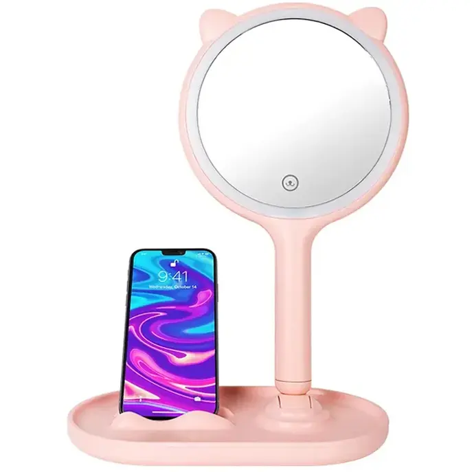Benutzer definierte Persönlichkeit Smart Tabletop Dressing Spiegel Katze rosa Make-up Spiegel mit LED-Lichtern beleuchtet
