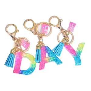 Arc-en-ciel doux bonbons papier lettre porte-clés mignon brillant résine A-Z initiale porte-clés porte-clés bleu gland pour les femmes sac sac à main décor