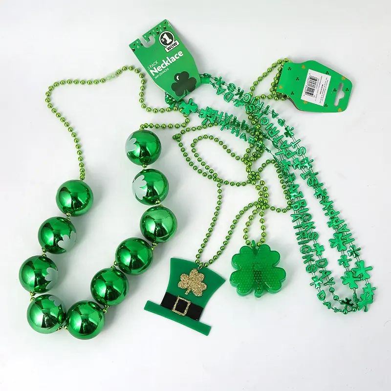 St Patricks Day Necklaces with Shamrock Clover Medallion Green Mardi Gras Beads Irish Party Favors Necklace