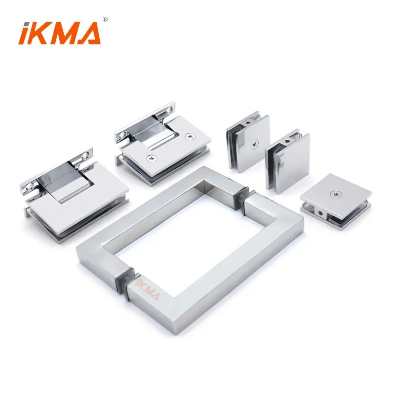 IKMA factory manufacturers 90 degree glass to wall heavy duty spring pivot brass shower glass screen set chrome door hinge