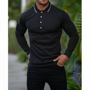 New Fashion Golf Classic <b>Black</b> Pima Polo <b>Shirt</b> With Contrast Collar <b>Long</b> Sleeve Breathable Gym & Casual Wear Men's Polo <b>T</b> <b>Shirts</b> - Product Image 1