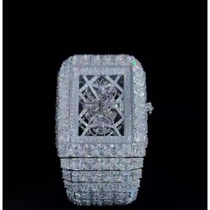 Reloj de Hombre con Diamantes Moissanite, Completamente Cubierto de Diamantes, Esfera de Acero Inoxidable, Diamantes Baguette, Oro Blanco, 42 mm - Product Image 1