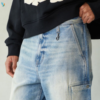 Jean cargo homme en denim bleu clair délavé, coupe ample taille haute, jambe large droite, haute qualité |   Streetwear Skater Y2K