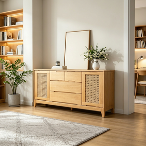 Modern Solid Wood Living Room Cabinet with 3 Drawers and Woven Panel Doors Scandinavian Design Storage Furniture - Product Image 1