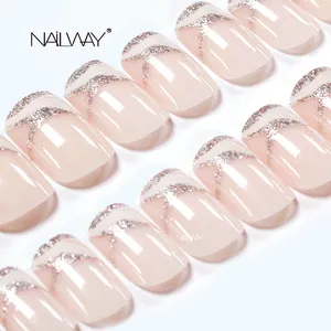 Glanzende Roze Franse Tip Nagels Met Glitter Medium Vierkante Vorm Fake Hand Nagels Franse Pers-Op Nagels