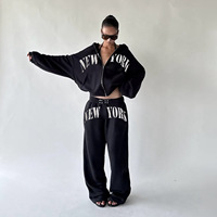 Ensemble sweat-shirt et pantalon de jogging droit pour femme, style streetwear hip-hop, avec logo personnalisé, manches bouffantes et sweat à capuche zippé