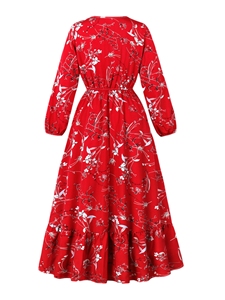 Đầm satin dáng chữ A in họa tiết, xòe rộng, dài chấm đất, tay dài, thích hợp cho mùa xuân, mùa thu và đi nghỉ, họa tiết chấm bi tự nhiên. - Product Image 2