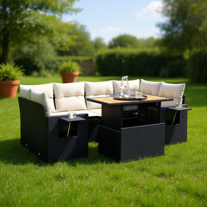 Black <b>Rattan</b> Garden <b>Sofa</b> Set With Storage 6 Seater Outdoor Furniture Contemporary Design - Product Image 2