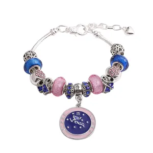 INS Type de bijoux extensibles, étiquette de signes du zodiaque bleu rose, lettre émaillée, symbole vierge, constellation, Bracelet à breloques