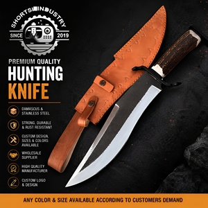 Couteau court artisanal en acier Damas de qualité industrielle 58HRC, à lame droite et pointe clip, garantie 1 an, pour camping et chasse en extérieur, OEM - Product Image 1