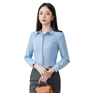 Women's Professional Sky Blue Shirt Long Sleeve Solid Color Office Wear Polyester Broadcloth - Product Image 5