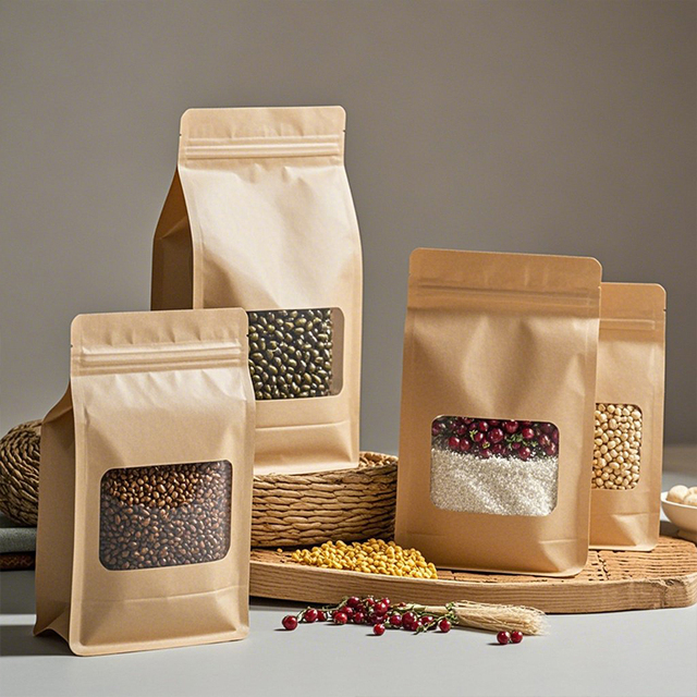 Custom Logo Biodegradable Food Coffee Tea Stand up Pouch with Window Ziplock Bags for Food Packaging Kraft Paper Bags