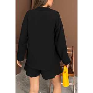 Ensemble décontracté en lin noir pour femme, haut à manches longues et short respirant, vente en gros - Product Image 1