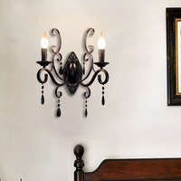 Applique murale LED 2 lumières en fer forgé noir, style bougie, avec cristal noir effet cire coulante, design moderne, pour décoration de salon et chambre