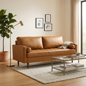 Canapé personnalisable de style tendance pour salon, hôtel, appartement, canapé confortable en cuir beige 3 places, canapé Tuxedo avec accoudoirs carrés - Product Image 2