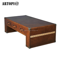 Table d'appoint vintage en cuir avec bandes de bois massif, table d'appoint rétro unique avec tiroir et rangement