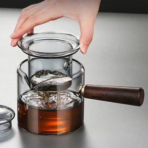 Théière moderne en verre borosilicate de haute qualité avec poignée en <span class=keywords><strong>bois</strong></span>, filtre PC, tasse à thé et infuseur intégré - Product Image 2