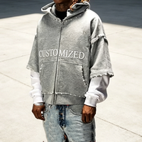 Sweat à capuche unisexe gris surdimensionné personnalisé, à manches courtes, avec design superposé, en polaire vintage, style streetwear, avec numéro sportif et fermeture éclair au dos