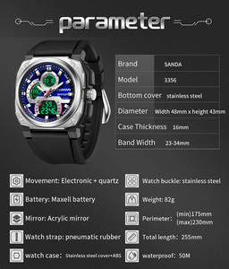 Reloj Digital Cuadrado SANDA 3356, Moderno Reloj de Pulsera para Hombre con Doble Pantalla, Reloj Electrónico Deportivo Casual Multifuncional a Prueba de Agua - Product Image 3