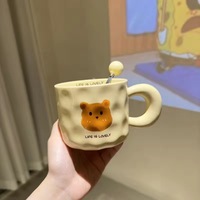 Ensemble de tasses en céramique Kawaii Bear, style girly, poignée irrégulière et dodue, 400 ml, passe au lave-vaisselle et au micro-ondes, avec couvercle et cuillère pour café/lait